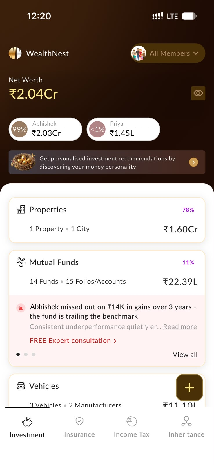 WealthNest app dashboard showing a family's net worth and assets in one view